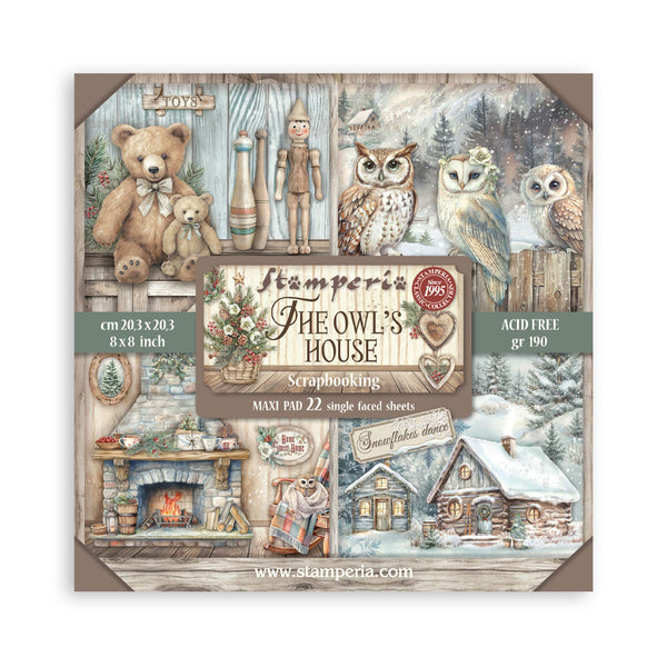 Scrapbooking paper pad packaging with winter-themed illustrations and 'Stamperia' branding.