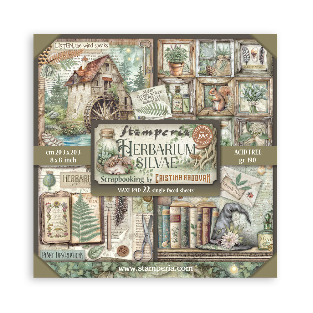 Stamperia Herbarium Silvae scrapbooking paper pad packaging with nature-themed design.