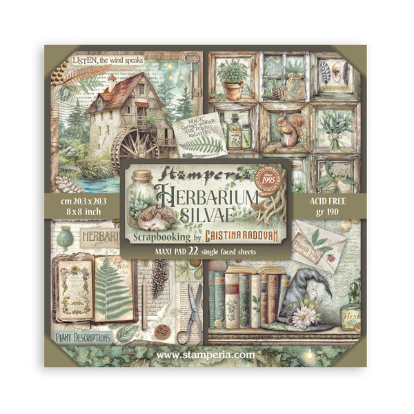 Stamperia Herbarium Silvae scrapbooking paper pad packaging with nature-themed design.