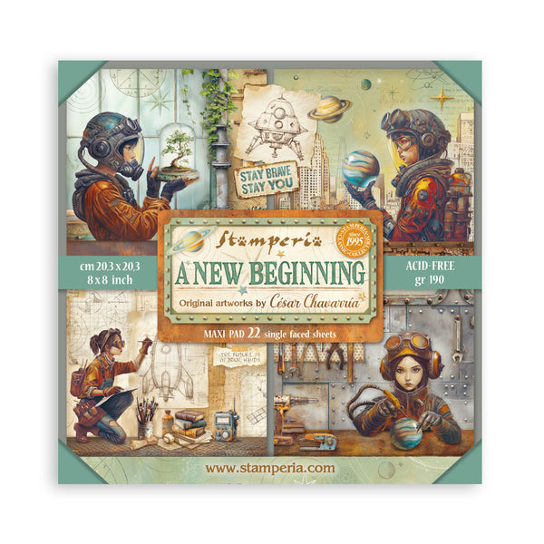 Stamperia 'A New Beginning' art paper pad with Steampunk-themed artwork on a white background.