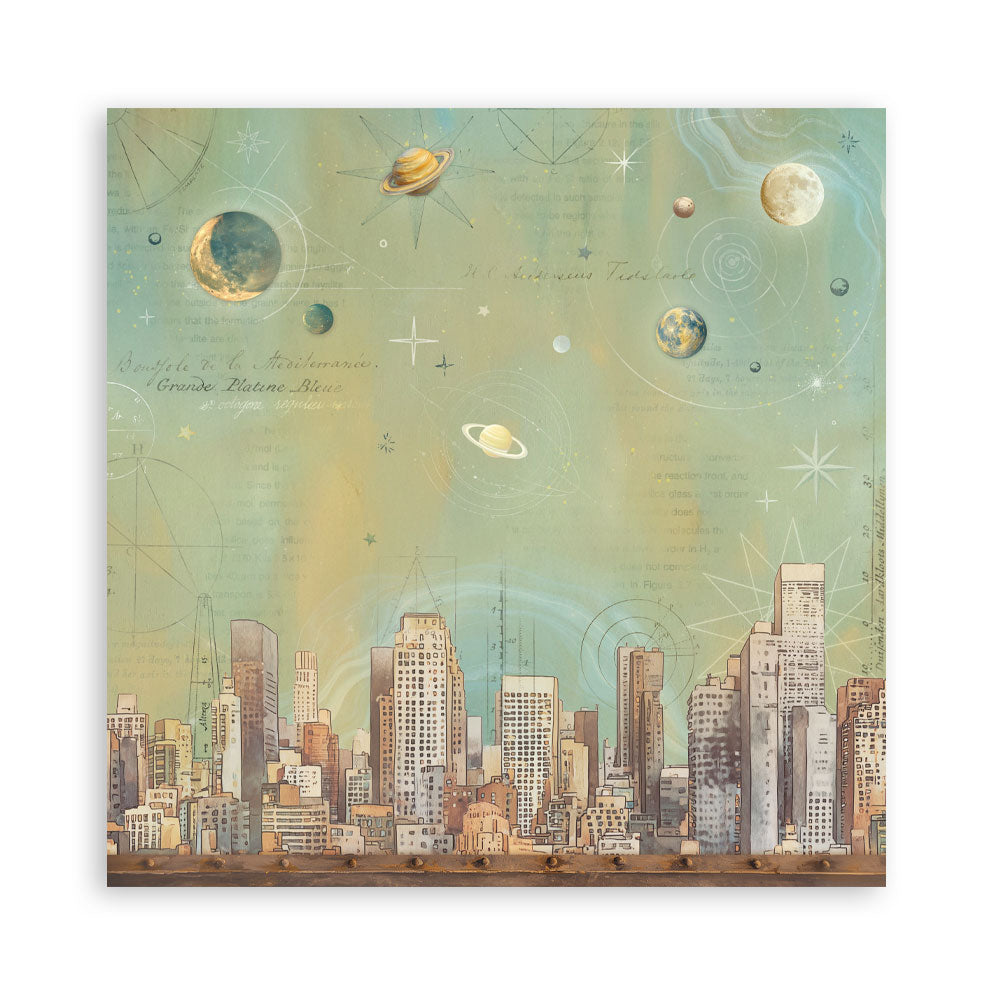 Cityscape with space elements on a textured background