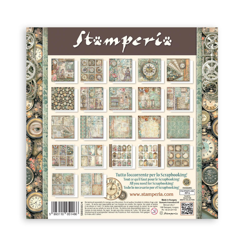Stamperia paper pack with vintage clock design on a white background