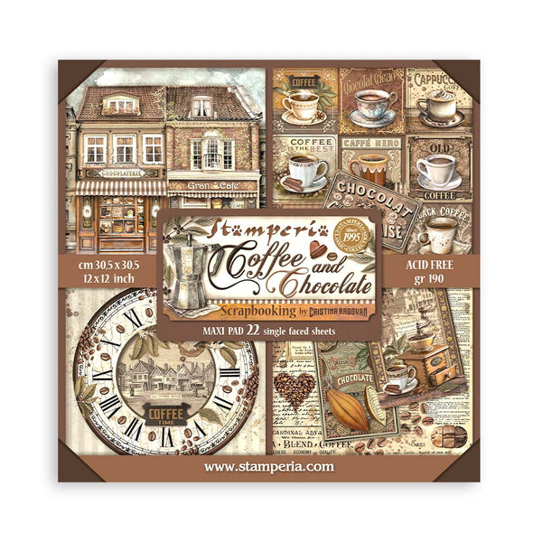 Scrapbooking paper pad with coffee and chocolate theme design on a white background