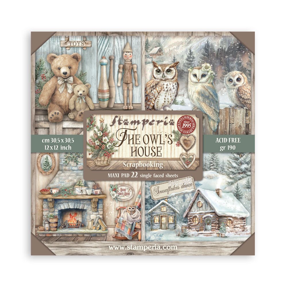 Scrapbooking paper pad packaging with winter-themed illustrations and 'Stamperia' branding.