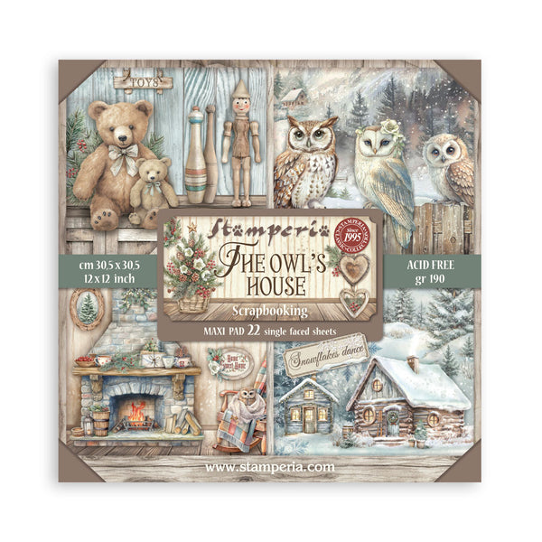 Scrapbooking paper pad packaging with winter-themed illustrations and 'Stamperia' branding.