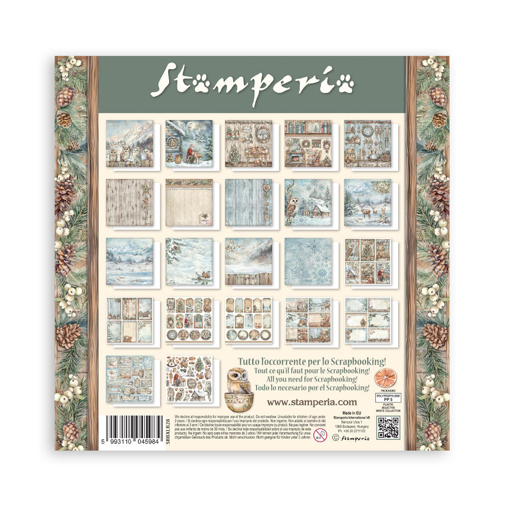 Packaging of Stamperia paper sheets with decorative elements on a white background