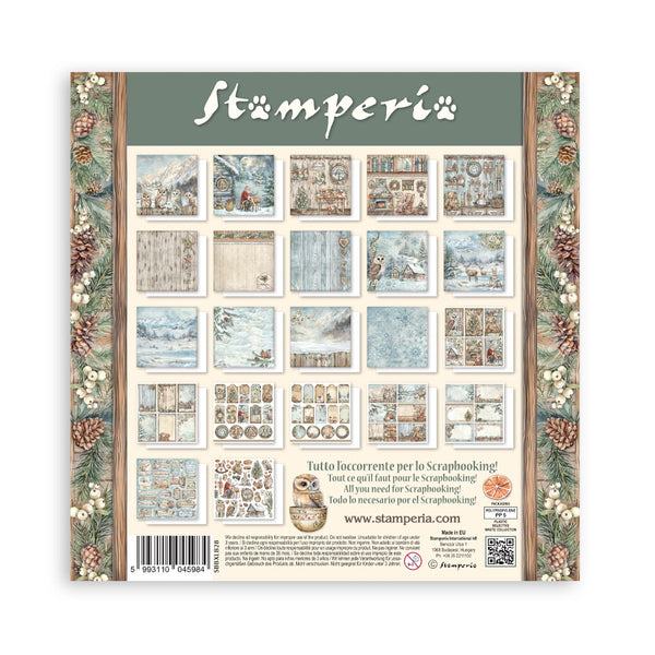 Packaging of Stamperia paper sheets with decorative elements on a white background