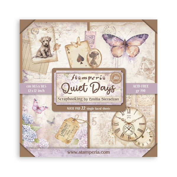 Stamperia Quiet Days scrapbooking paper pad with vintage-themed design on a white background