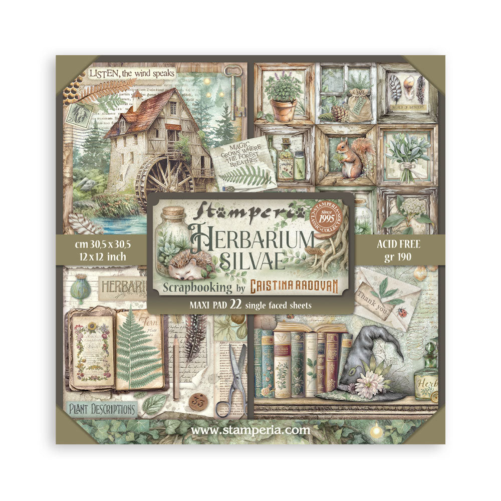 Scrapbooking paper pad with nature-themed design and Stamperia branding.