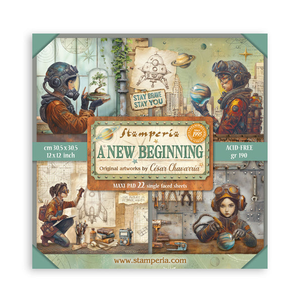 Stamperia 'A New Beginning' art pad with illustrations and text on a white background