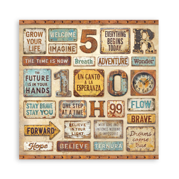 Collection of vintage-style signs with motivational phrases and numbers on a wooden frame.