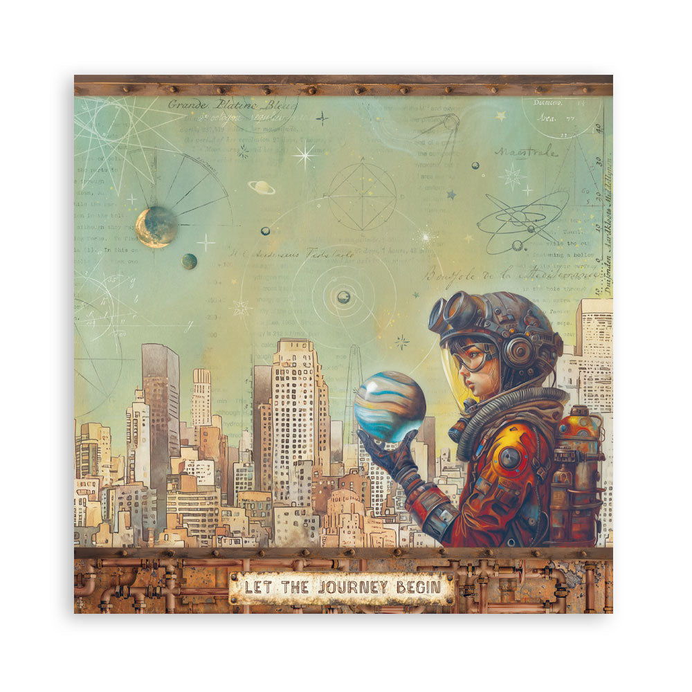 Illustration of a person in space gear holding a planet, with a cityscape and 'Let the Journey Begin' text in the background.