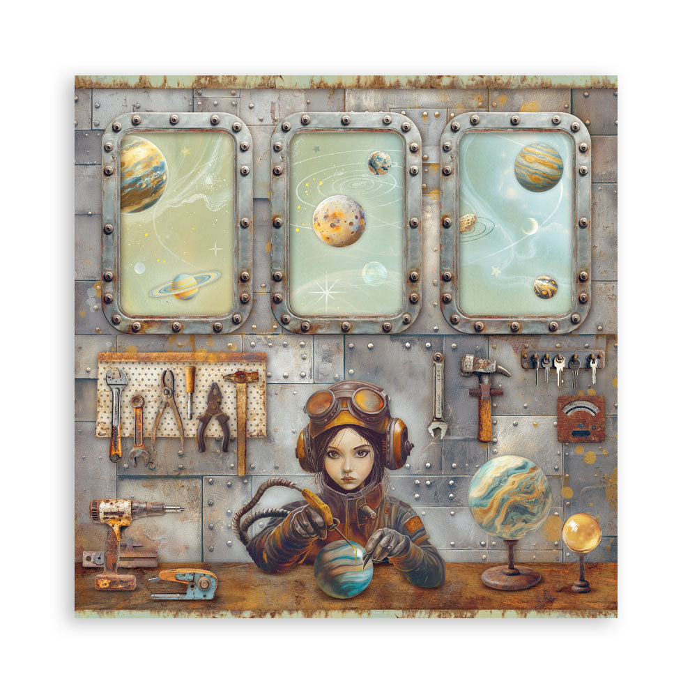Decorative panel with a woman in a steampunk outfit working on celestial objects.
