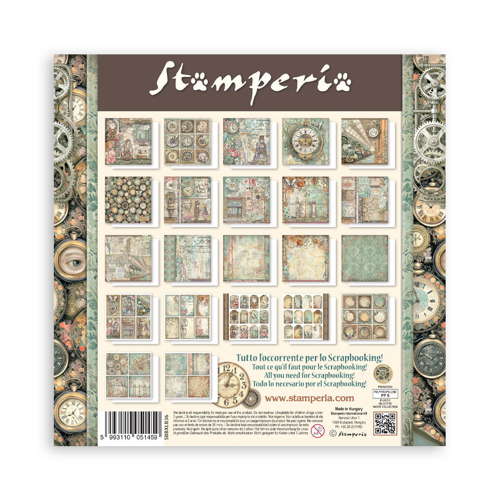 Stamperia paper pack with vintage clock design on a white background