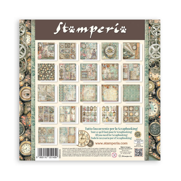 Stamperia paper pack with vintage clock design on a white background