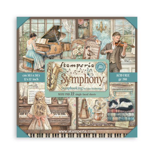 Stamperia Symphony Scrapbooking paper pad packaging with musical-themed images on a white background
