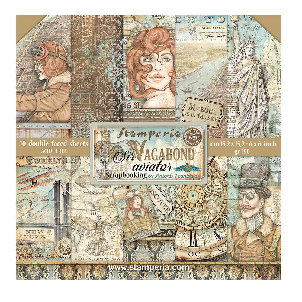 Stamperia SIR VAGABOND Aviator 6x6 Double Faced Paper 10 PCS + Bonus #SBBXS18