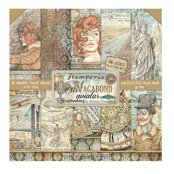 Stamperia SIR VAGABOND Aviator 6x6 Double Faced Paper 10 PCS + Bonus #SBBXS18
