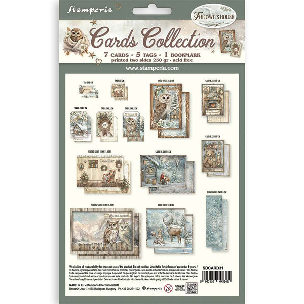 Stamperia owl-themed cards collection packaging with images of cards and tags.