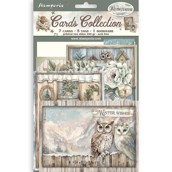 Stamperia Owl's House Cards Collection packaging with owl-themed cards and tags.