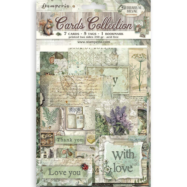 Collection of cards with nature-themed designs and text on a white background