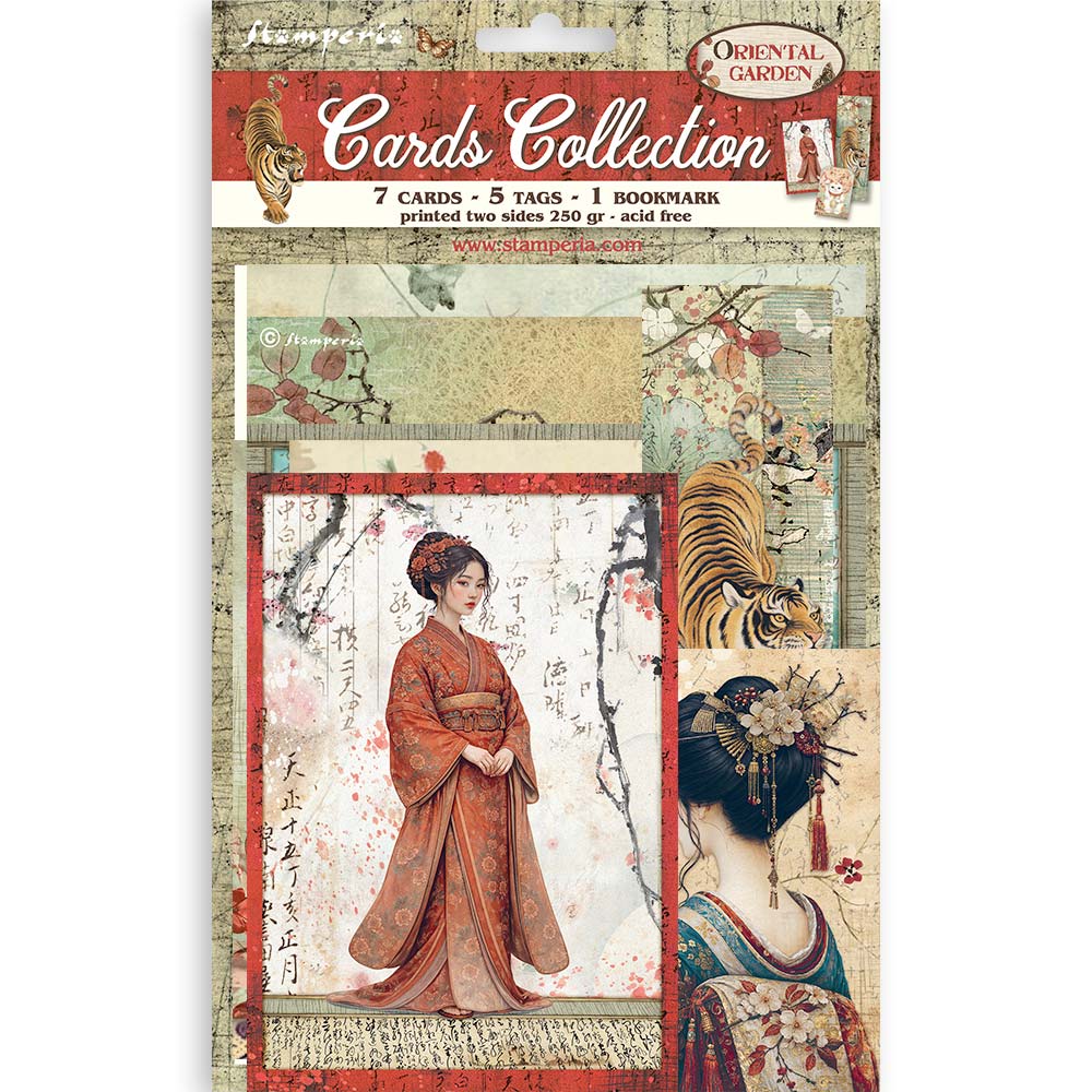 Packaging of 'Oriental Garden' cards collection with images of women in traditional attire and a tiger.