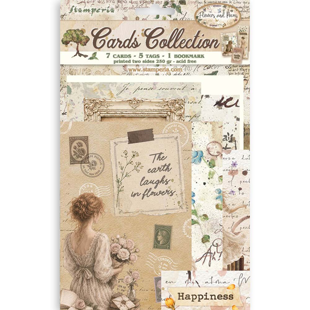Cards Collection scrapbooking paper sheet featuring a vintage-style collage with a woman holding flowers, postage stamps, script notes, and decorative text elements on a warm beige background.