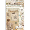 Cards Collection scrapbooking paper sheet featuring a vintage-style collage with a woman holding flowers, postage stamps, script notes, and decorative text elements on a warm beige background.