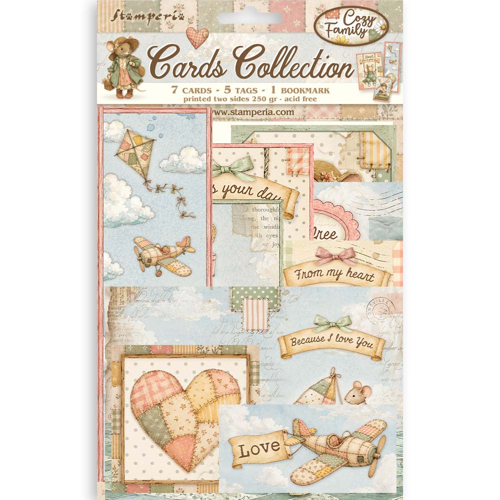 A package of scrapbooking cards from Cozy Family's Stamperia Cards Collection, featuring vintage-style designs with hearts, airplanes, clouds, and phrases like 'Because I love you' and 'Love' in a pastel retro palette.