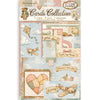 A package of scrapbooking cards from Cozy Family's Stamperia Cards Collection, featuring vintage-style designs with hearts, airplanes, clouds, and phrases like 'Because I love you' and 'Love' in a pastel retro palette.