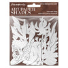 Stamperia Art Paper Shapes watercolor paper elements in a clear plastic hanging package with a brown header card. The white layered paper shapes include leaves, flowers, and a butterfly.