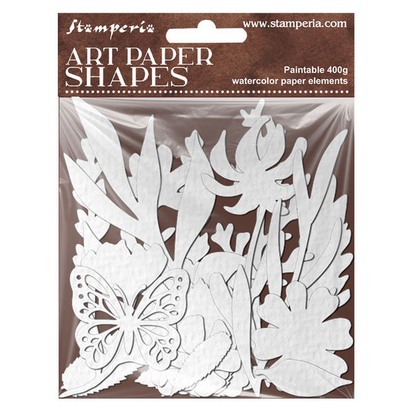 Stamperia Art Paper Shapes watercolor paper elements in a clear plastic hanging package with a brown header card. The white layered paper shapes include leaves, flowers, and a butterfly.