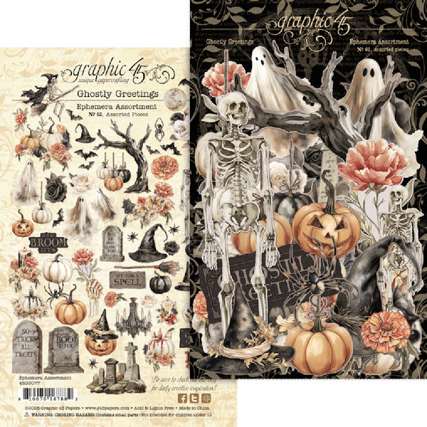 G45 Graphic 45 GHOSTLY GREETINGS Halloween Ephemera Set, 65 pcs #4503077