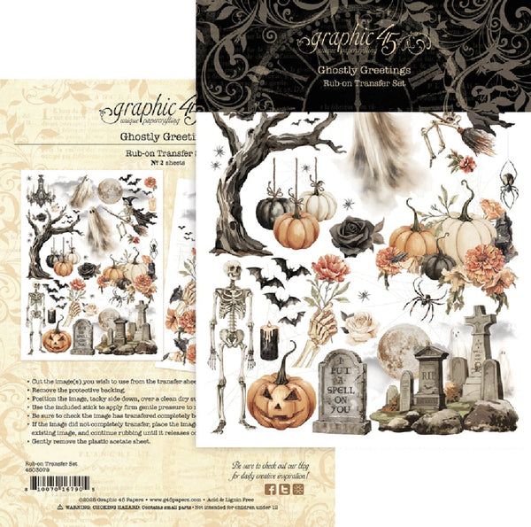 G45 Graphic 45 GHOSTLY GREETINGS Halloween Rub-on Transfers #4503079