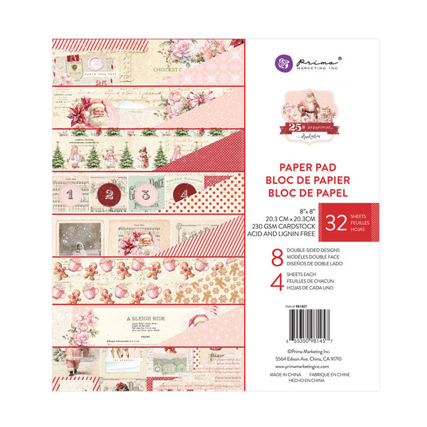 Prima 25 & PEPPERMINT Christmas Collection 8X8 Paper Pad 32 Sheets #981457