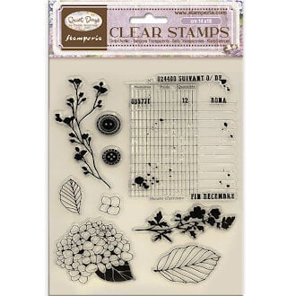 Clear stamps with floral and leaf designs on a packaging background
