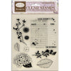 Clear stamps with floral and leaf designs on a packaging background