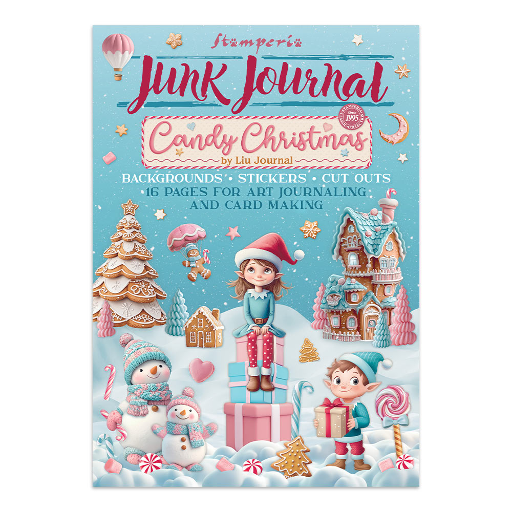 Junk Journal Candy Christmas book cover with festive illustrations on a blue background