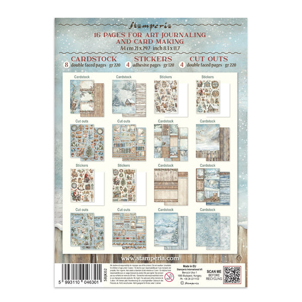 Packaging of Stamperia cardstock, stickers, and cutouts with a winter-themed design.