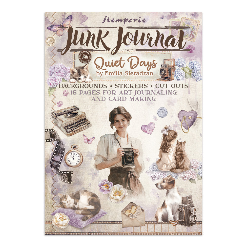 Stamperia Junk Journal Quiet Days book cover with a woman, dog, and various vintage items.