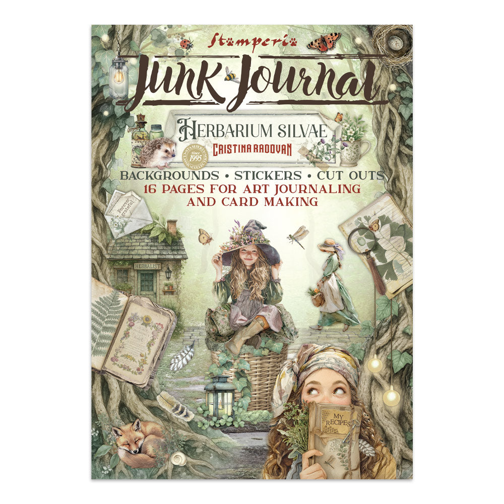 Stamperia Junk Journal Herbarium Silvae with illustrations of a girl, fox, and nature-themed design.