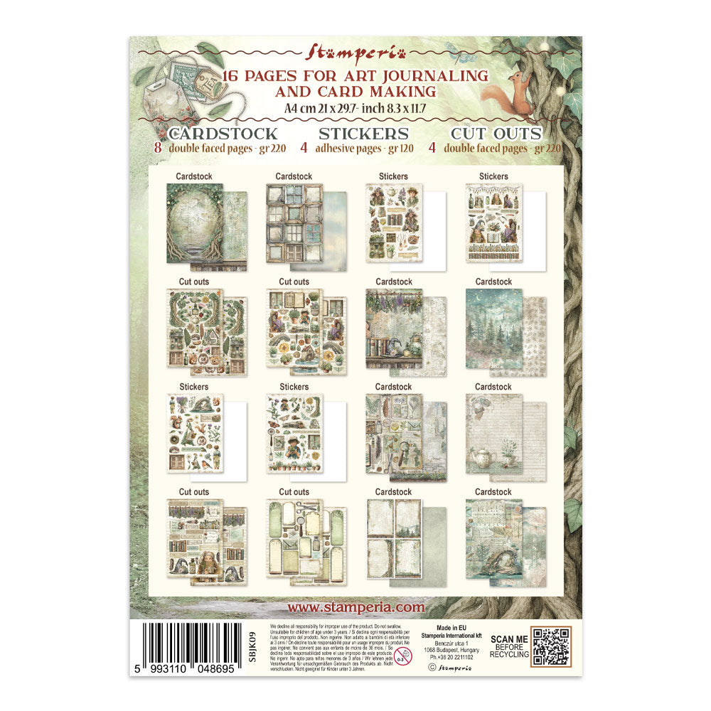 Packaging of Stamperia art journaling and card making supplies with illustrations and text.