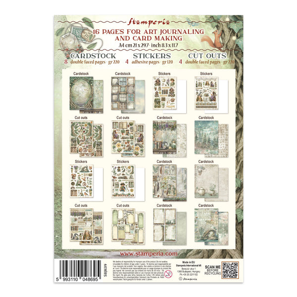 Packaging of Stamperia art journaling and card making supplies with illustrations and text.