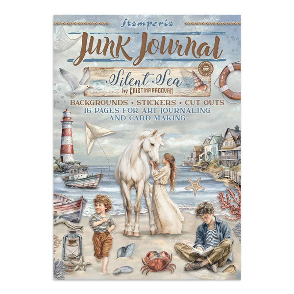 Book cover of 'Junk Journal Silent Sea' by Christina Radbourne with illustrations of a woman, child, and horse on a beach.