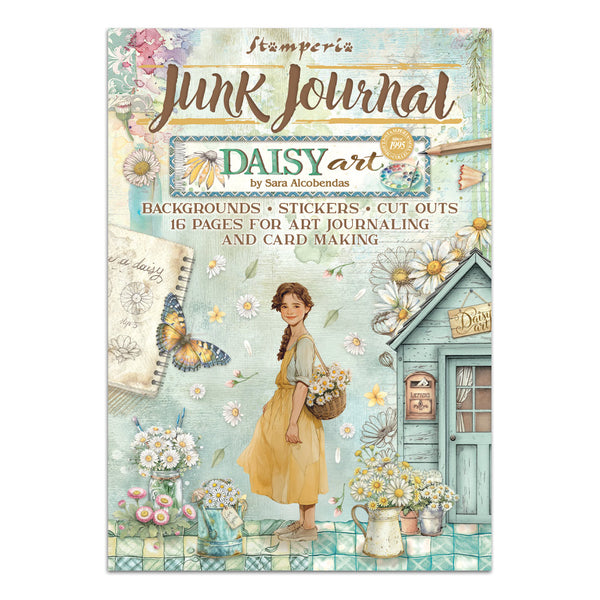 Stamperia Junk Journal Daisy Art book cover with a girl, flowers, and a house illustration.