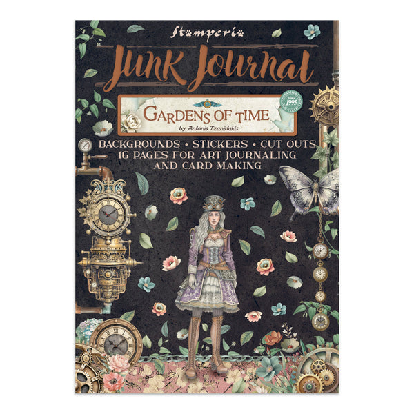 Junk journal book titled 'Gardens of Time' by Stamperia with decorative elements on a white background.
