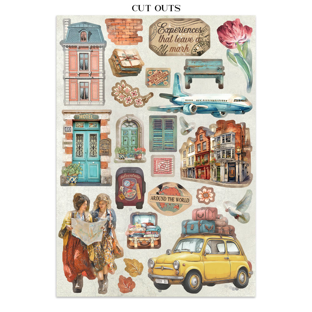 Stamperia ART OF TRAVELLING A4 Junk Journal Stickers Cut outs Backgrounds #SBJK18
