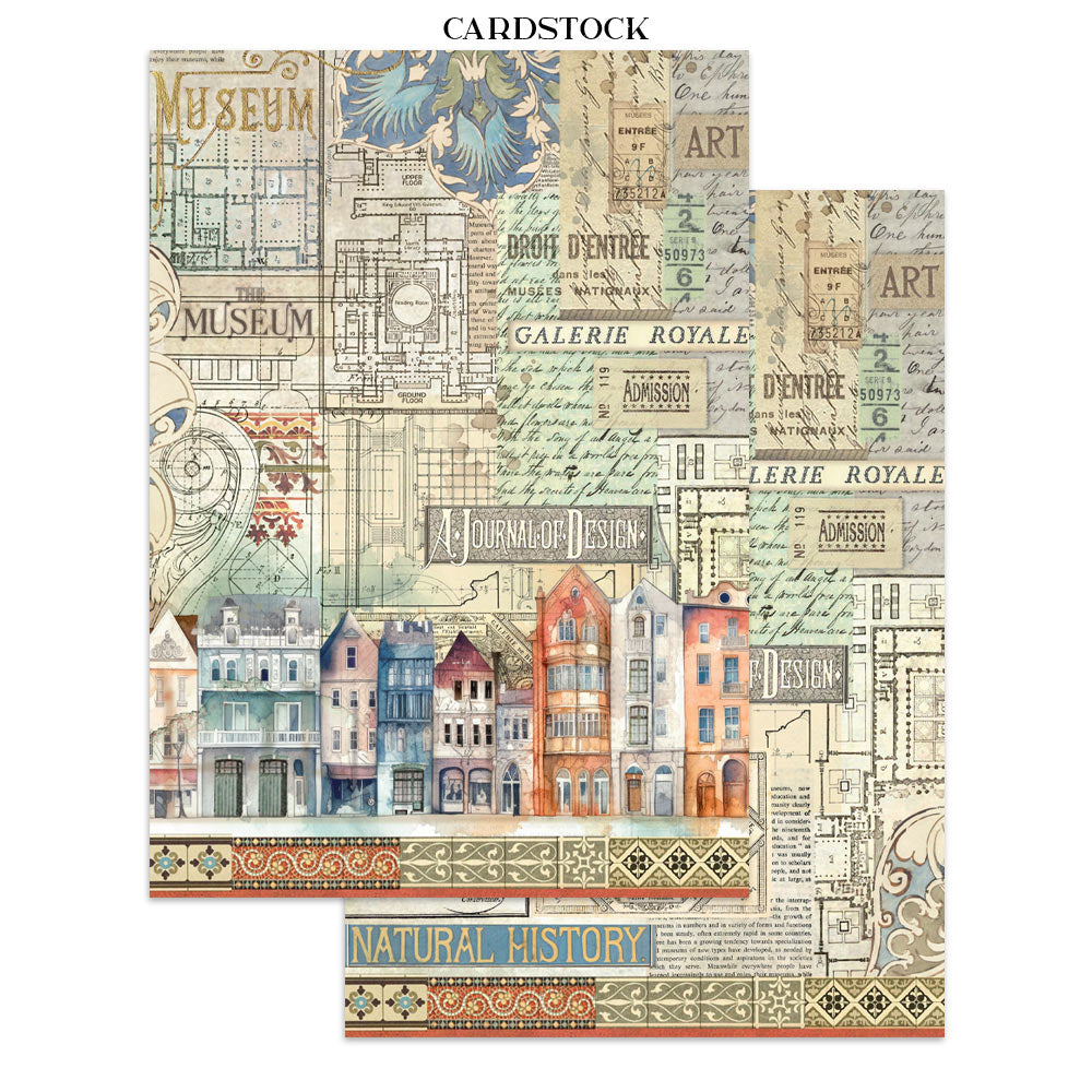 Cardstock with vintage-style design featuring buildings and text on a white background