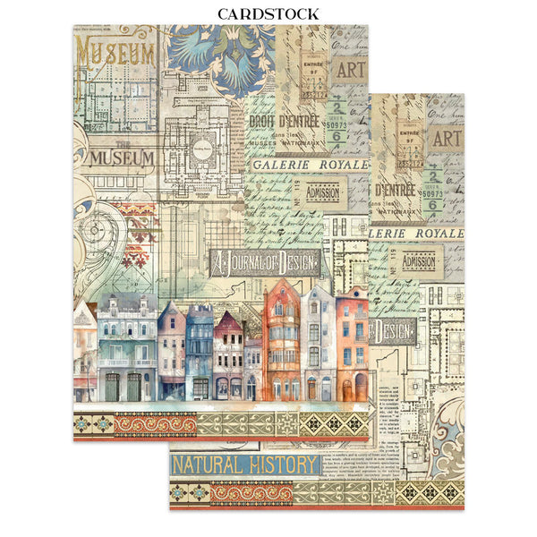 Cardstock with vintage-style design featuring buildings and text on a white background