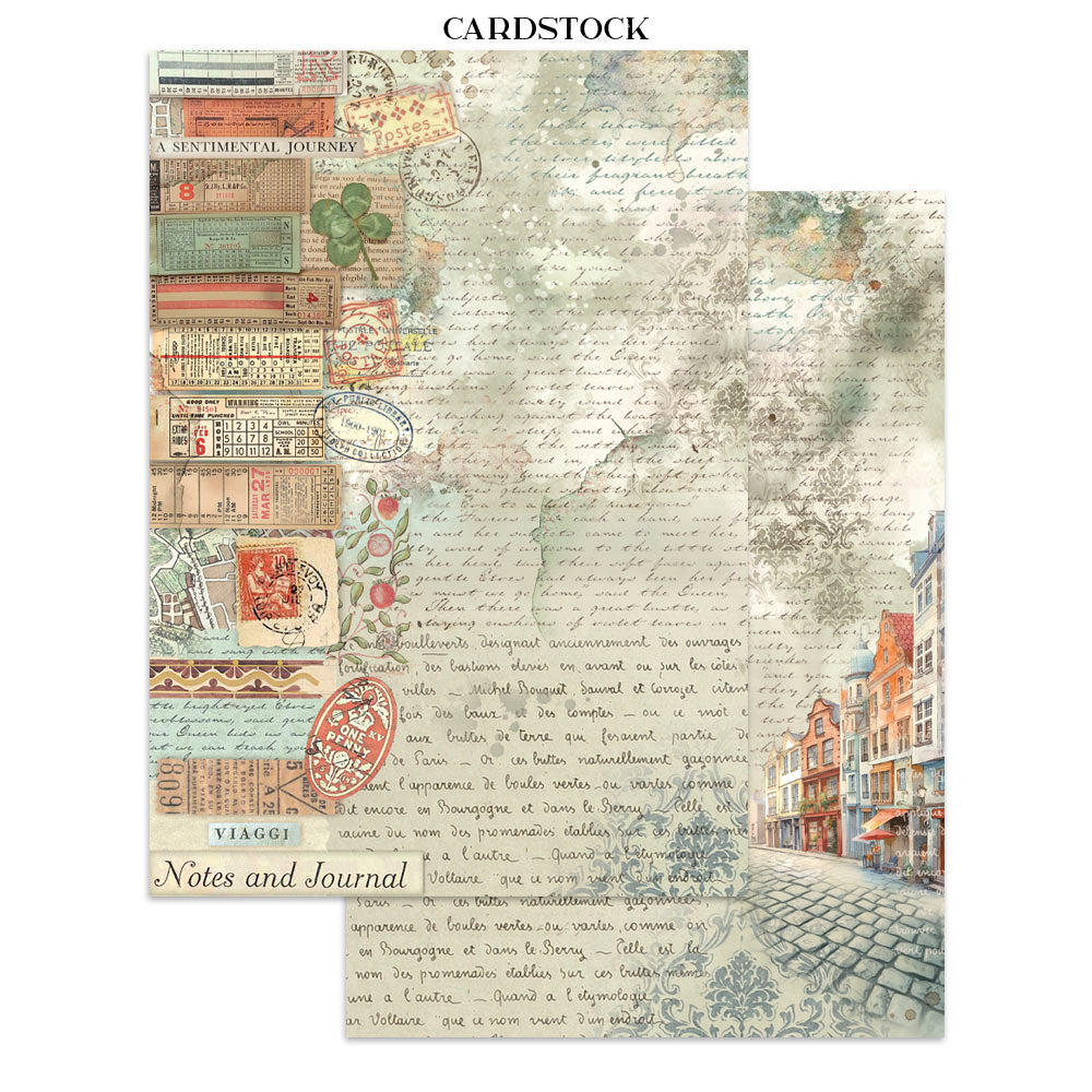 Cardstock with vintage-style design elements and text on a white background